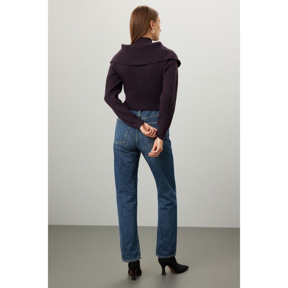 Derek Lam Dark Plum Ribbed Zip-Front Crewneck Sweater - Picture 3 of 9